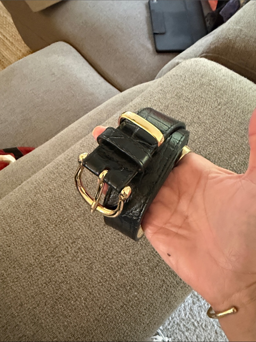 & Other Stories Black Croc-Embossed Leather Belt with Gold Buckle